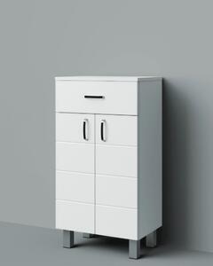 HD MART 45 cm széles polcos fürdőszobai kiegészítő alsó szekrény, fényes fehér, króm kiegészítőkkel, 2 soft close ajtóval és 1 fiókkal