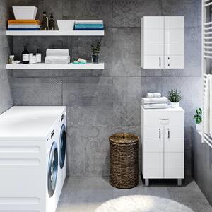MART 45 cm széles polcos fürdőszobai kiegészítő alsó szekrény, fényes fehér, króm kiegészítőkkel, 2 soft close ajtóval és 1 fiókkal