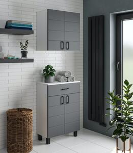 MART 60 cm széles polcos fürdőszobai kiegészítő alsó szekrény, sötét szürke, fekete kiegészítőkkel, 2 soft close ajtóval és 1 fiókkal