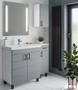 MART 30 cm széles polcos fürdőszobai kiegészítő alsó szekrény, világos szürke, fekete kiegészítőkkel, 1 soft close ajtóval és 1 fiókkal