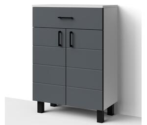 HD MART 60 cm széles polcos fürdőszobai kiegészítő alsó szekrény, sötét szürke, fekete kiegészítőkkel, 2 soft close ajtóval és 1 fiókkal