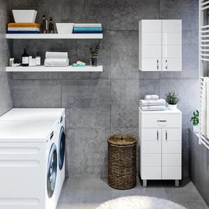 MART 45 cm széles polcos fürdőszobai fali szekrény, fényes fehér, króm kiegészítőkkel, 2 soft close ajtóval