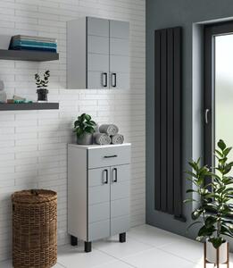 MART 45 cm széles polcos fürdőszobai fali szekrény, világos szürke, fekete kiegészítőkkel, 2 soft close ajtóval