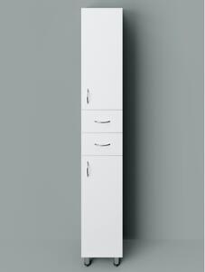 HD STANDARD 30 cm széles polcos álló fürdőszobai magas szekrény, fényes fehér, króm kiegészítőkkel, 2 ajtóval és 2 fiókkal