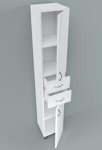 STANDARD 30 cm széles polcos álló fürdőszobai magas szekrény, fényes fehér, króm kiegészítőkkel, 2 ajtóval és 2 fiókkal