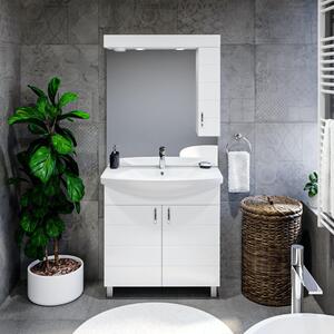 HD MART 75 cm széles fürdőszobai tükrös szekrény, fényes fehér, króm kiegészítőkkel és beépített LED világítással