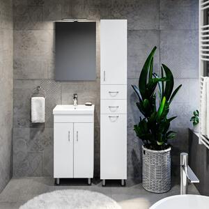 STANDARD 30 cm széles szennyestartós álló fürdőszobai magas szekrény, fényes fehér, króm kiegészítőkkel, 1 ajtóval, 2 fiókkal és szennyestartóval