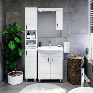HD MART 55 cm széles fürdőszobai tükrös szekrény, fényes fehér, króm kiegészítőkkel és beépített LED világítással