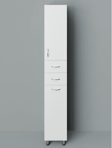 HD STANDARD 30 cm széles szennyestartós álló fürdőszobai magas szekrény, fényes fehér, króm kiegészítőkkel, 1 ajtóval, 2 fiókkal és szennyestartóval