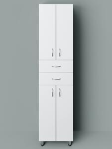 HD STANDARD 45 cm széles polcos álló fürdőszobai magas szekrény, fényes fehér, króm kiegészítőkkel, 4 ajtóval és 2 fiókkal