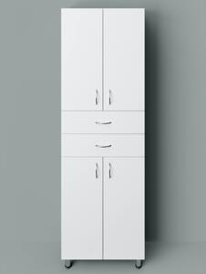 HD STANDARD 60 cm széles polcos álló fürdőszobai magas szekrény, fényes fehér, króm kiegészítőkkel, 4 ajtóval és 2 fiókkal