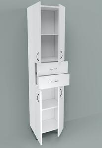 STANDARD 45 cm széles polcos álló fürdőszobai magas szekrény, fényes fehér, króm kiegészítőkkel, 4 ajtóval és 2 fiókkal