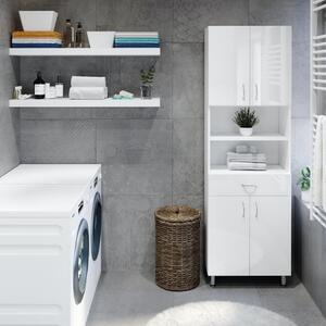 STANDARD 60 cm széles polcos álló fürdőszobai magas szekrény, fényes fehér, króm kiegészítőkkel, 4 ajtóval és 1 fiókkal