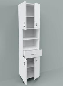 LIGHT 45 cm széles polcos álló fürdőszobai magas szekrény, fehér, 4 ajtóval és 1 fiókkal