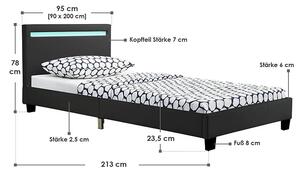 Kárpitozott ágy Verona 90 x 200 cm, LED világítással fekete színben