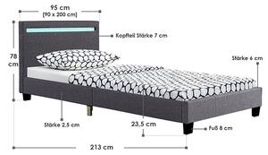 Kárpitozott ágy Verona 90 x 200 cm, LED világítással sötétszürke színben
