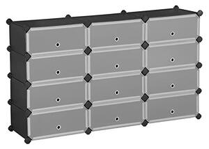 Műanyag tároló cipőtároló, 12 dobozos szett, Songmics, fekete, 83x31x105 cm