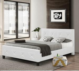 KONDELA Dupla ágy ágyráccsal, textilbőr fehér, 160x200, CARISA