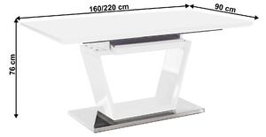 KONDELA Étkezőasztal, nyitható, fehér extra magasfényű/acél, 160-220x90 cm, PERAK