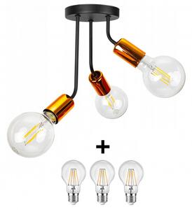 Glimex Louis fix mennyezeti lámpa fekete réz/króm 3x E27 + ajándék LED izzók