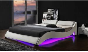 KONDELA Ágykeret RGB LED világítással, fehér textilbőr, 160x200, PASCALE
