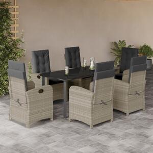 7 részes világosszürke polyrattan kerti étkezőszett párnával