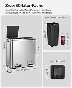 Songmics Szelektív Hulladékgyűjtő - 2x30L Rozsdamentes Acél