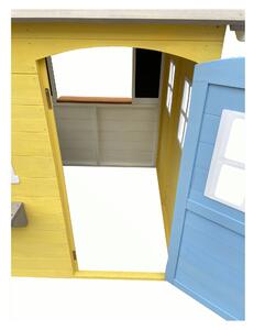 KONDELA Fából készült kerti ház gyerekeknek, fehér/szürke/sárga/kék, NESKO