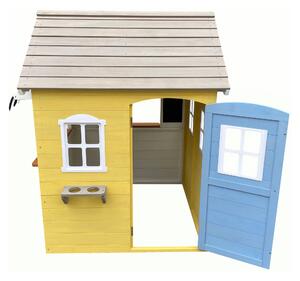 KONDELA Fából készült kerti ház gyerekeknek, fehér/szürke/sárga/kék, NESKO