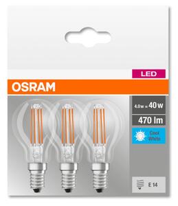 OSRAM Base LED kisgömb, átlátszó üveg búra, 4W 470lm 4000K E14 − 3 db-os szett, átlagos élettartam: 10000 óra, fényszín: hideg fehér LED BASE CL P 40 FIL 4W 4000K E14 x3 ( 4058075819733 )