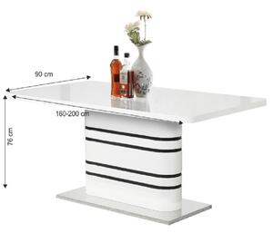 KONDELA Nyitható étkezőasztal, fehér magasfényű HG/fekete csíkok, 160-200x90 cm, TUBAL