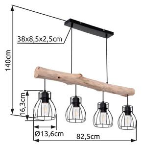 Globo Mina függőlámpa, 83 cm hosszú, fekete/barna, 4 lámpás., dimmelhető, Világos fa, Nappali / Étkező, Fa