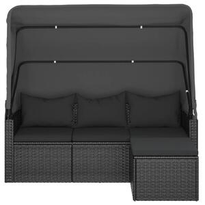 VidaXL 3-személyes fekete polyrattan kanapé tetővel és lábtartóval