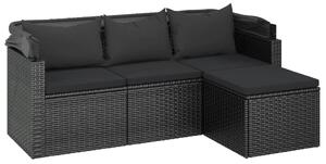 VidaXL 3-személyes fekete polyrattan kanapé tetővel és lábtartóval