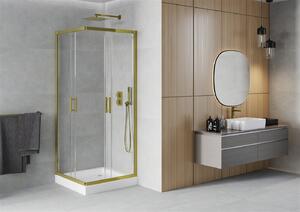 Mexen Rio, szögletes zuhany tolóajtóval 80 (ajtó) x 80 (ajtó) x 190 cm, 5mm átlátszó üveg, arany profil + fehér zuhanytálca RIO, 860-080-080-50-00-4510