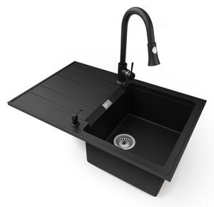 Gránit mosogatótálca NERO Signal + kihúzható zuhanyfejes Snake csaptelep + adagoló (matt fekete)
