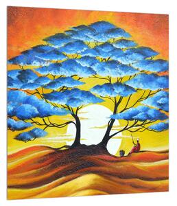 Orientáis kép - kék fa és a nap (30x30 cm)