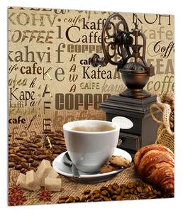 Kávé, kávédaráló és a croissant kép (30x30 cm)