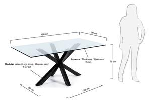 Étkezőasztal üveg asztallappal, fekete lábakkal - 160 x 90 cm - Kave Home
