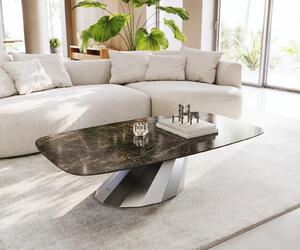 DELIFE Dohányzóasztal Edge hajóformájú 140x80 cm Laminam® Emperador extra polírozott sötétbarna Parabi rozsdamentes acél szálcsiszolt