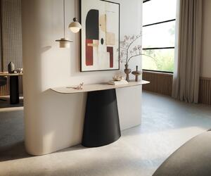 DELIFE Konzolasztal Edge hajóformájú 140x40 cm Laminam® Travertino Bianco kerámia krémfehér Conos fém fekete