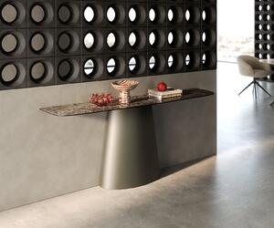 DELIFE Konzolasztal Edge hajóformájú 180x40 cm kerámia emperador extra polírozott sötétbarna kúpos fém titán színű hatás