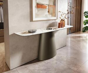 DELIFE Konzolasztal Edge hajóformájú 180x40 cm kerámia Calacatta Luxe fehér arany szürke Conos fém titán színű hatású