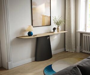 DELIFE Konzolasztal Edge hajóformájú 180x40 cm Laminam® Sabbia kerámia tölgyszínű Conos fekete fém