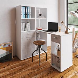 KONDELA PC asztal könyvespolccal, fehér/beton, MINESON