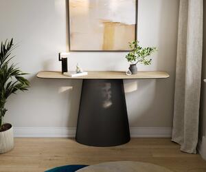DELIFE Konzolasztal Edge hajóformájú 140x40 cm Laminam® Sabbia kerámia tölgyszínű Conos fém fekete