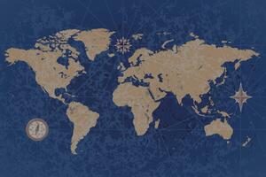 Tapéta világtérkép iránytűvel, retro stílusú, kék háttérrel