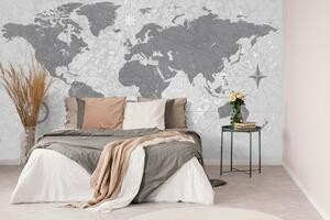 Öntapadó tapéta világtérkép iránytűvel retro stílusú fekete fehérben