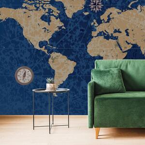 Öntapadó tapéta világtérkép iránytűvel, retro stílusú, kék háttérrel