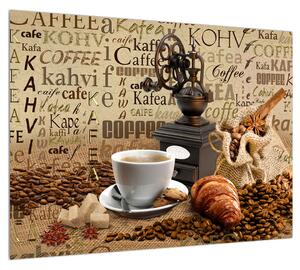 Kávé, kávédaráló és a croissant kép (70x50 cm)